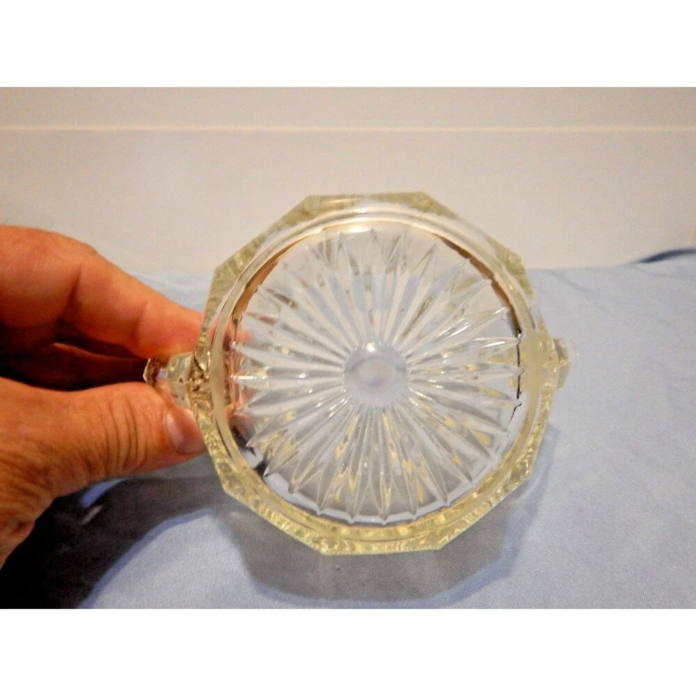 Vintage Pressed Glass Sugar Bowl Twin Handle Paneled Sunburst Starburst Base